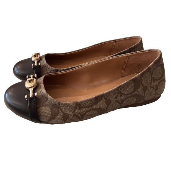 Coach Size 8.5 Women’s Ballet Leila Flats Khaki Chestnut Shoes Q9090 Logo w/ Box - Picture 2 of 15